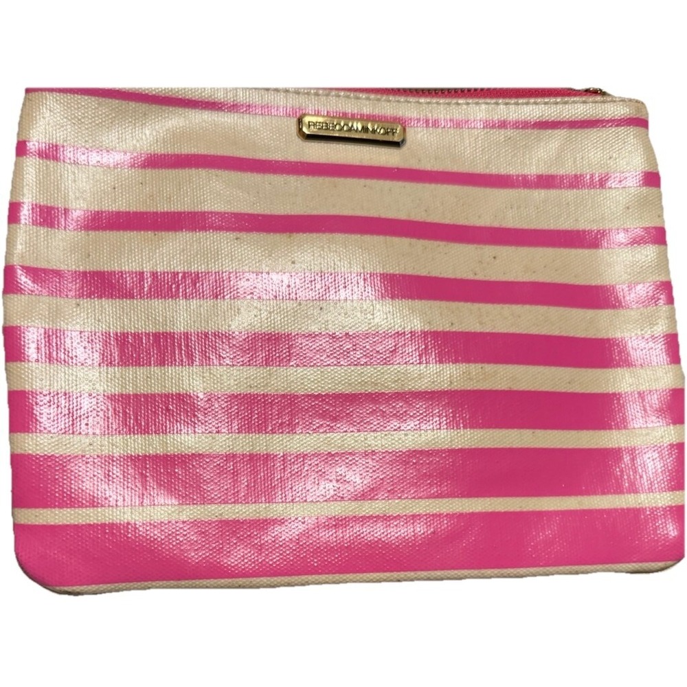 Rebecca Minkoff Stripes Gold Zipper Cosmetic Bag Bird Logo Lined
